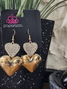Paparazzi Gold Heart Dangle Earrings with Pave Heart Accent